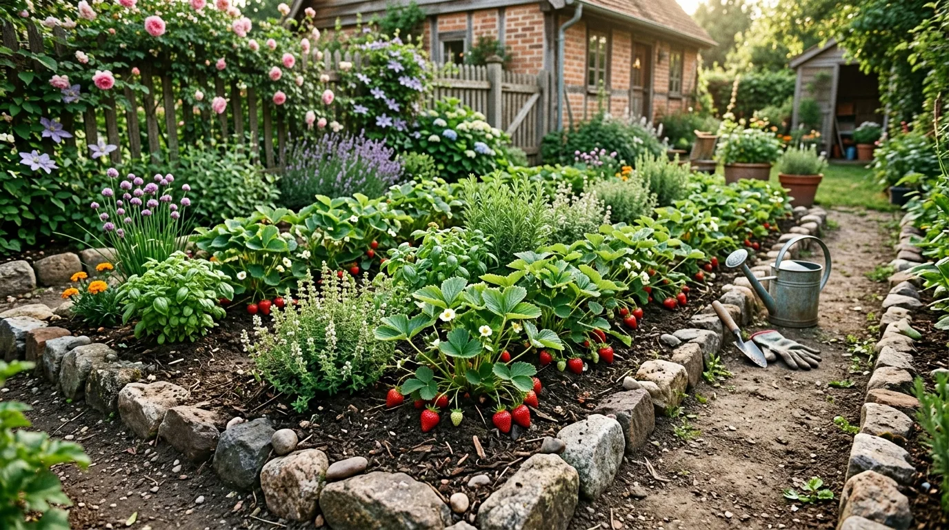 Strawberry Rows With Stone Borders
